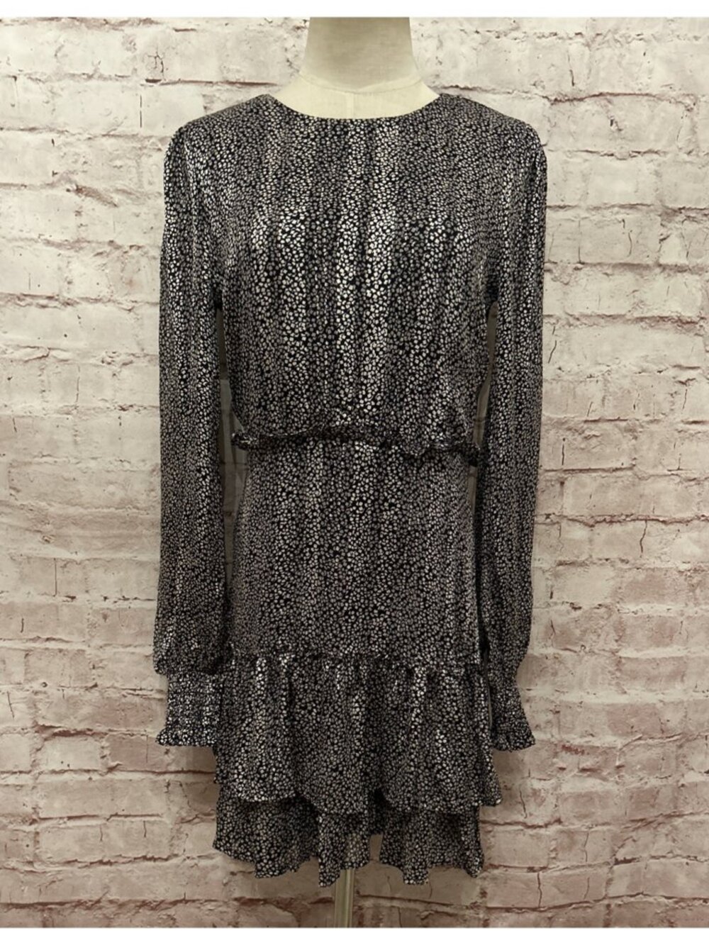 Lulus Navy Leaf Print Metallic Ruffled Mini Dress Long Sheer Sleeves Size S NEW